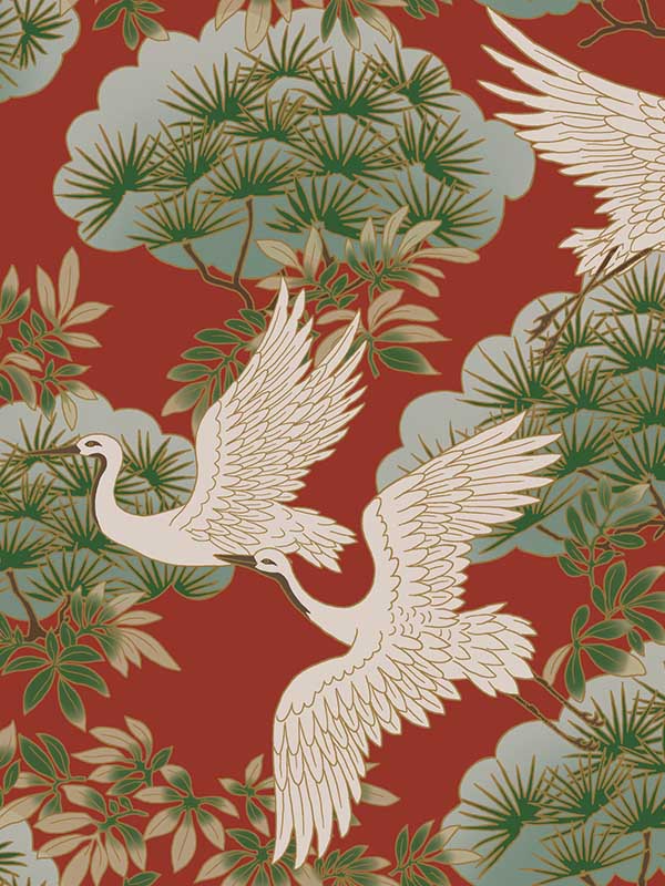 Sprig and Heron fabric in red color - pattern number ZA8006 - by Ronald Redding in the Tea Garden Second Edition collection