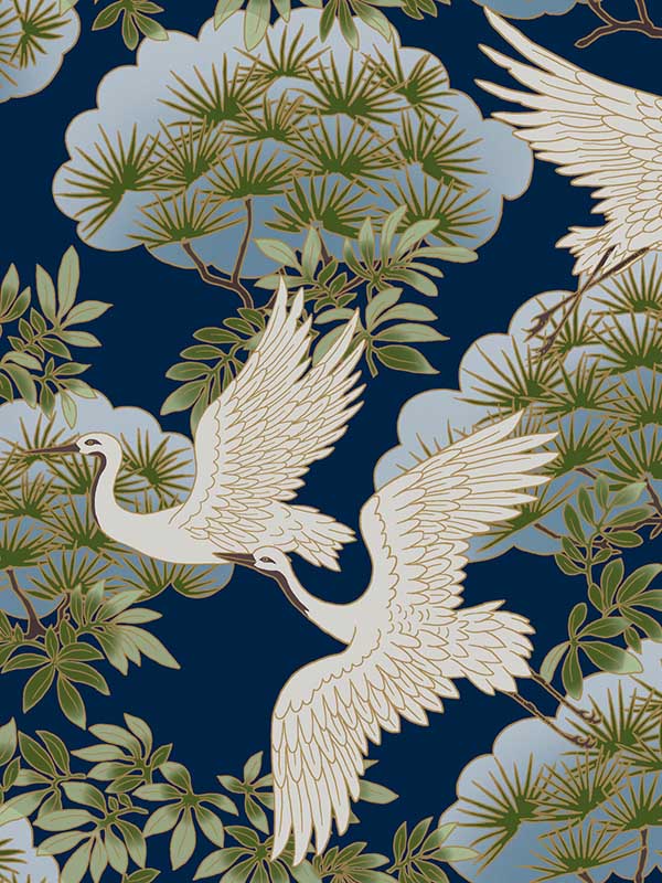 Sprig and Heron fabric in navy color - pattern number ZA8007 - by Ronald Redding in the Tea Garden Second Edition collection
