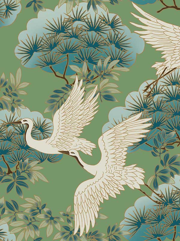 Sprig and Heron fabric in green color - pattern number ZA8008 - by Ronald Redding in the Tea Garden Second Edition collection