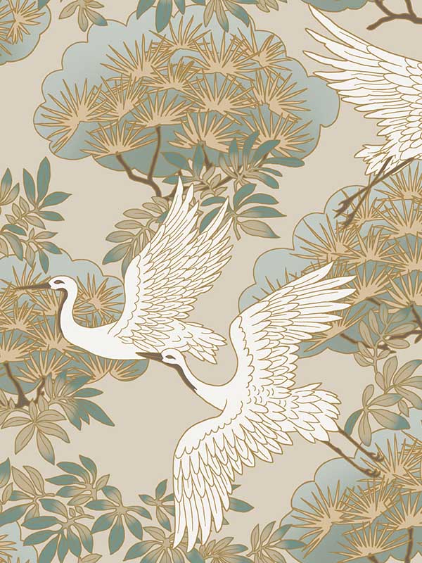 Sprig and Heron fabric in beige color - pattern number ZA8009 - by Ronald Redding in the Tea Garden Second Edition collection