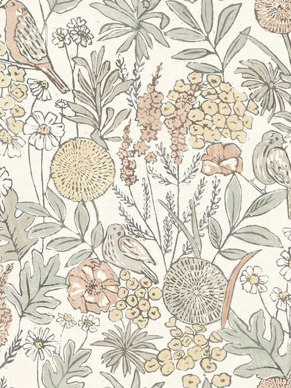 Goldfinch Birds and Blooms wallpaper in peach color - pattern number 4148-27410 - by Chesapeake in the PrintWorks collection
