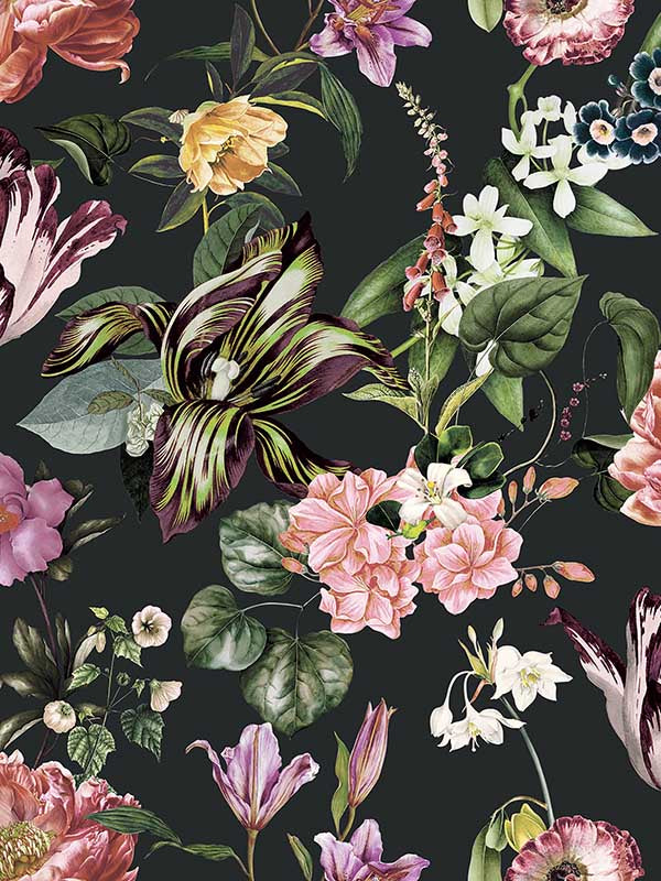 Floral Rhapsody wallpaper in schwarz rose green color - pattern number 47460 - by Galerie in the Flora collection