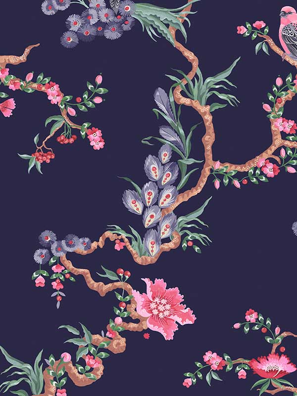 Birds and Berries fabric in navy color - pattern number 131427 - by Graham and Brown in the Cath Kidston SS25 collection