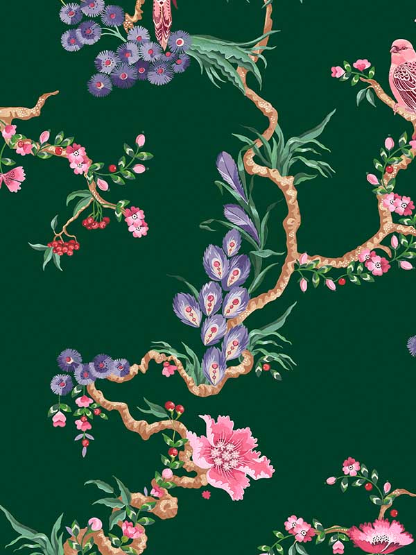 Birds and Berries fabric in emerald color - pattern number 131428 - by Graham and Brown in the Cath Kidston SS25 collection