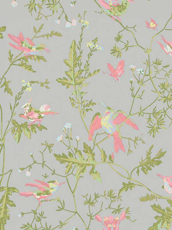 Hummingbirds fabric in grey pink color - pattern number 124/1003.CS.0 - by Cole and Son in the Selection of Hummingbirds collection