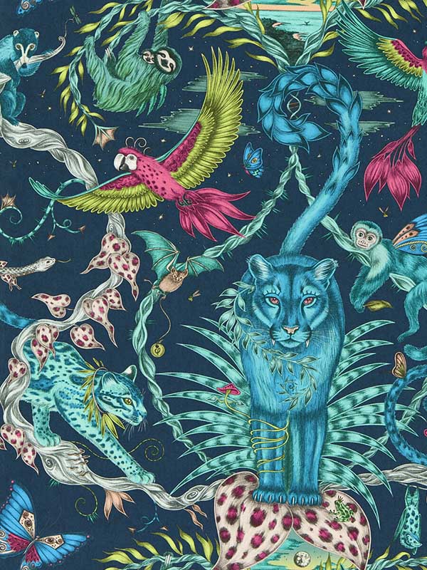 Bosque Dreams fabric in navy color - pattern number W0213/03.CAC.0 - by Clarke and Clarke in the Mythica Wallcoverings collection