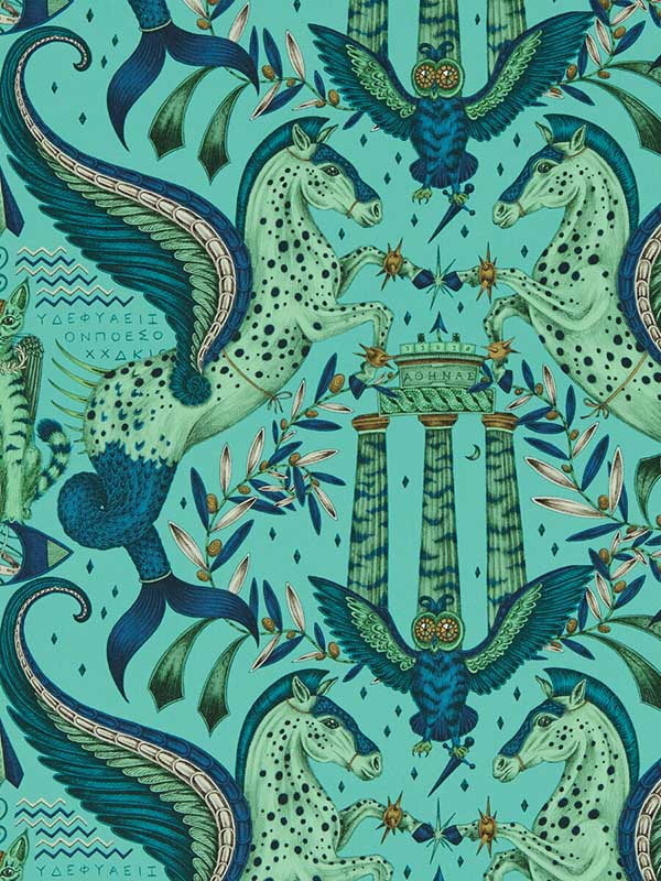 Odyssey Mythos fabric in peacock color - pattern number W0215/02.CAC.0 - by Clarke and Clarke in the Mythica Wallcoverings collection
