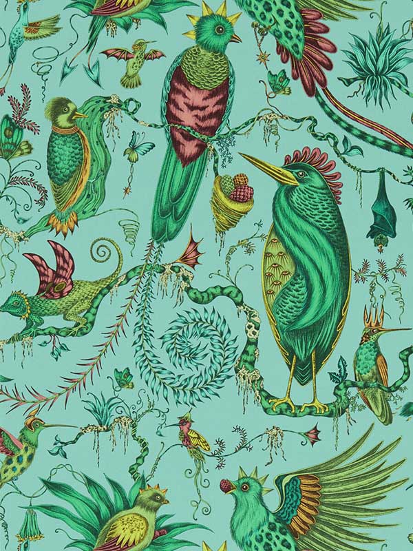 Quetzal fabric in aqua color - pattern number W0217/01.CAC.0 - by Clarke and Clarke in the Mythica Wallcoverings collection