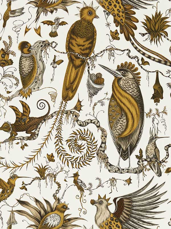 Quetzal fabric in gold color - pattern number W0217/02.CAC.0 - by Clarke and Clarke in the Mythica Wallcoverings collection