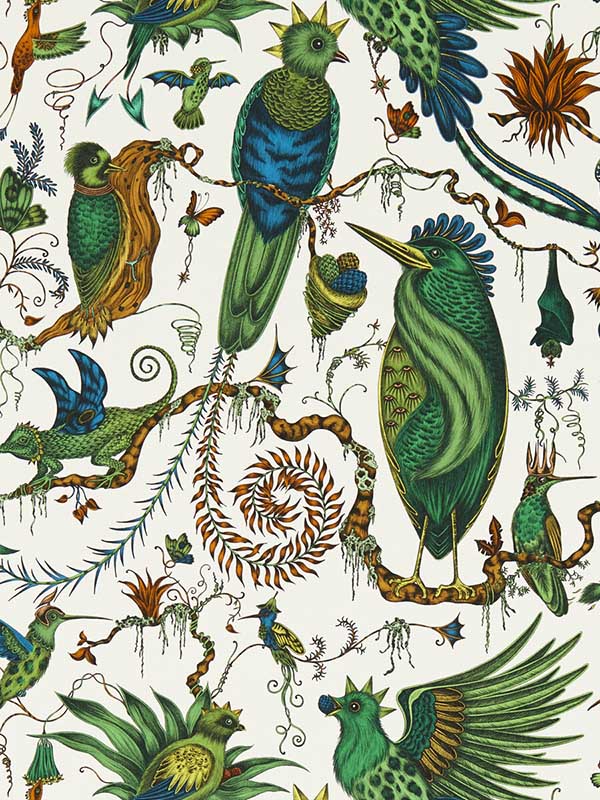 Quetzal fabric in green color - pattern number W0217/03.CAC.0 - by Clarke and Clarke in the Mythica Wallcoverings collection