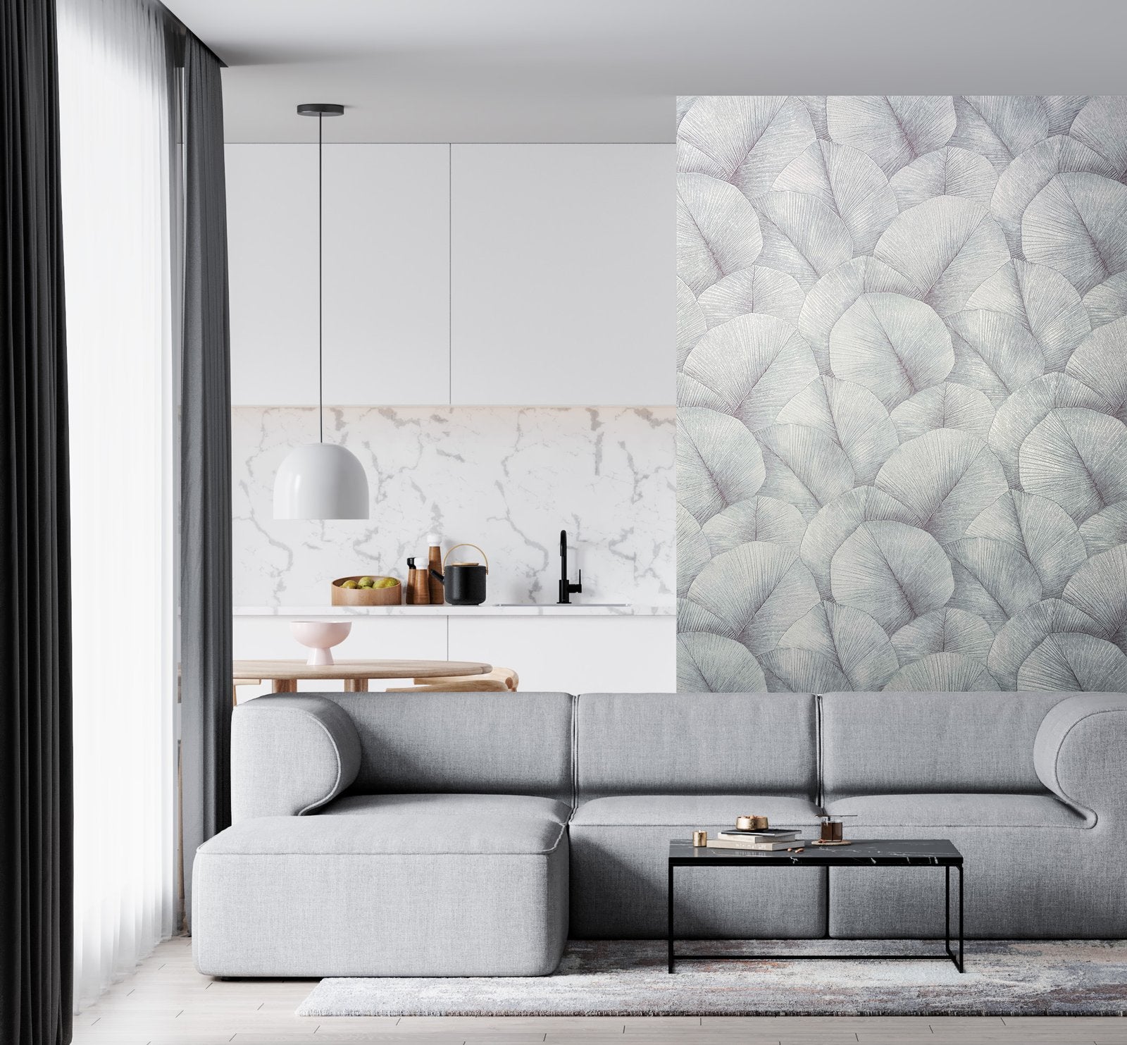 Palm Leaf wallpaper in silver grey color - pattern number 34512 - by Galerie in the Kumano collection