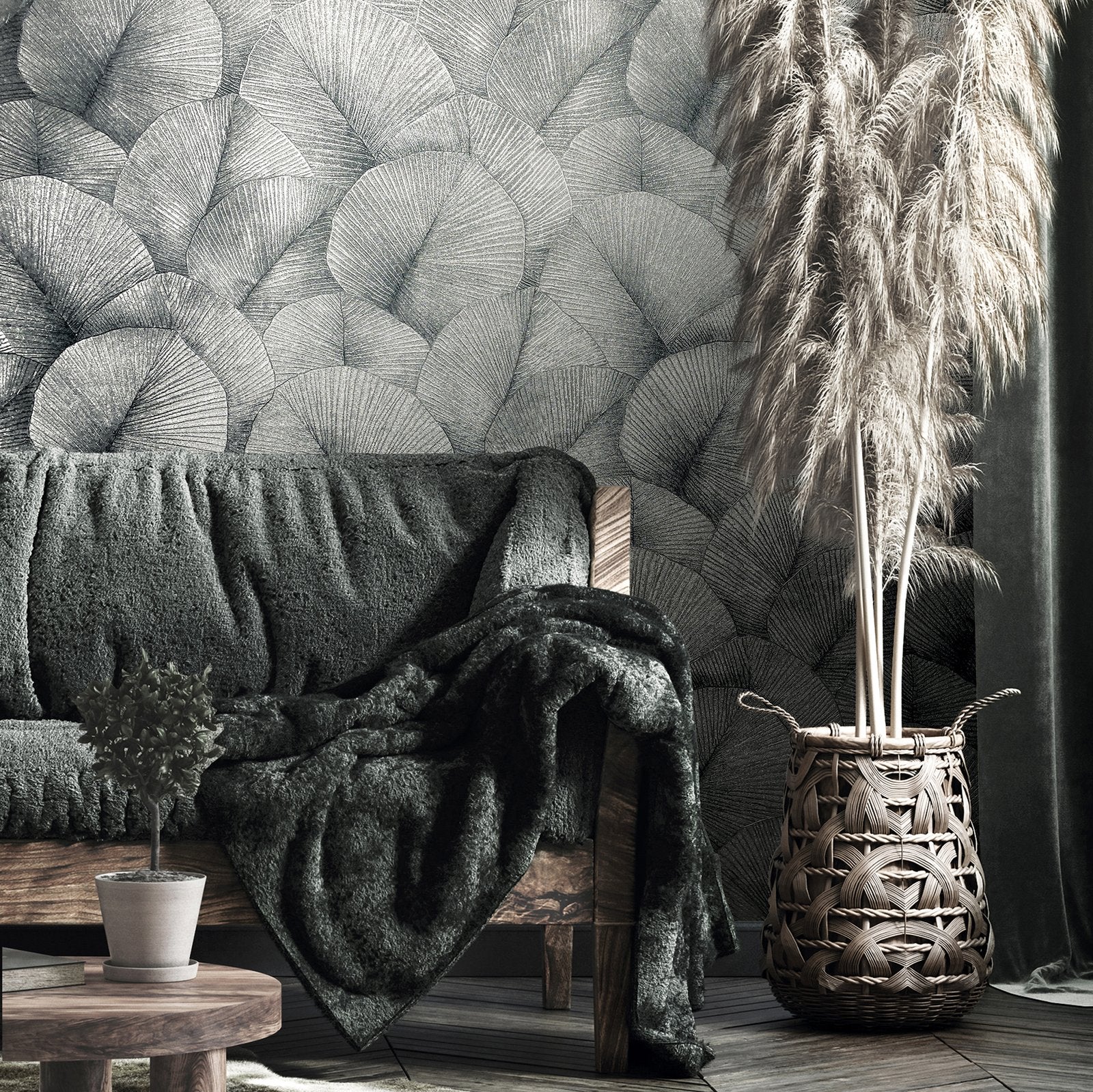 Palm Leaf wallpaper in silver grey color - pattern number 34514 - by Galerie in the Kumano collection