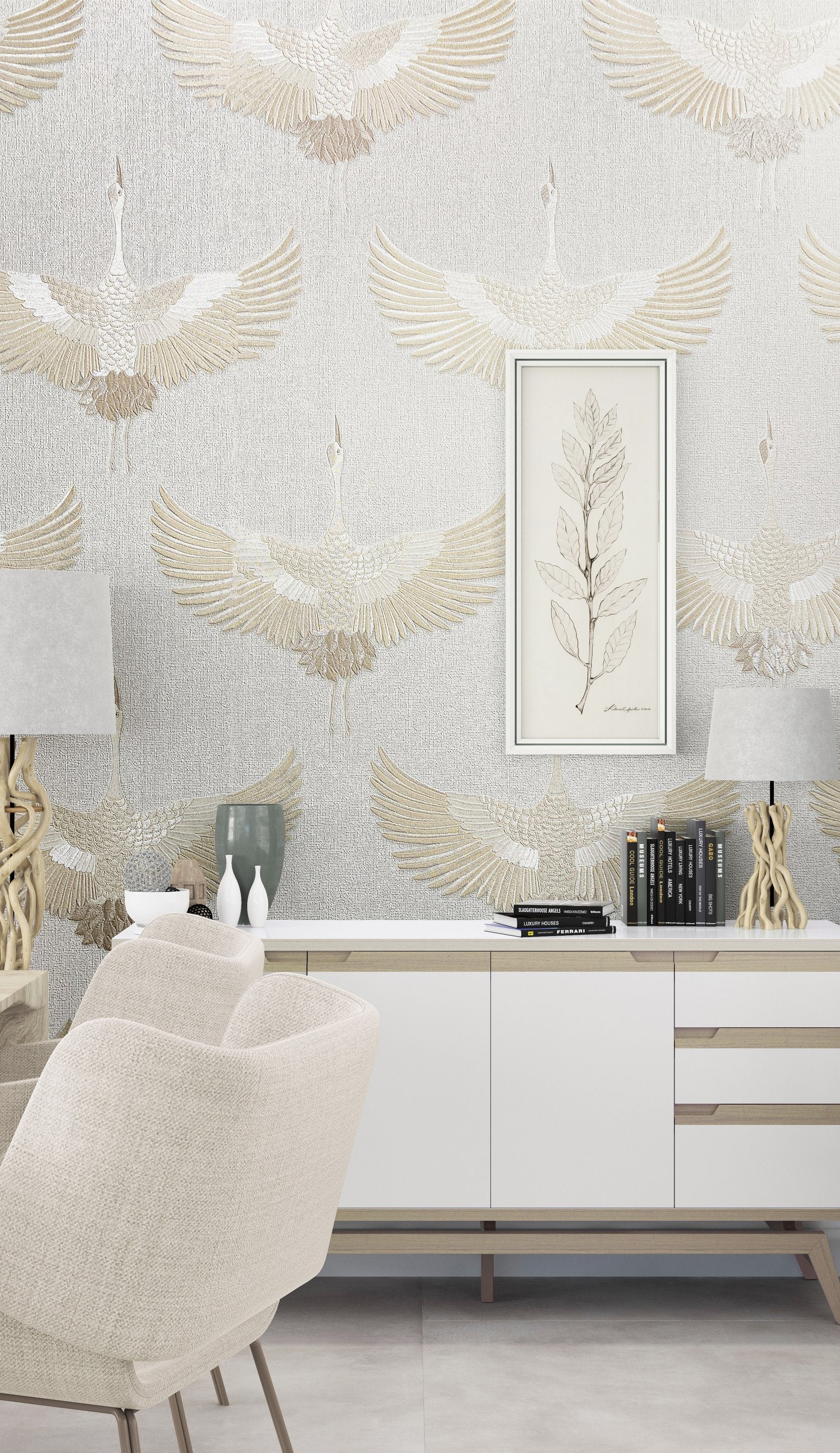 Stork wallpaper in beige color - pattern number 34529 - by Galerie in the Kumano collection