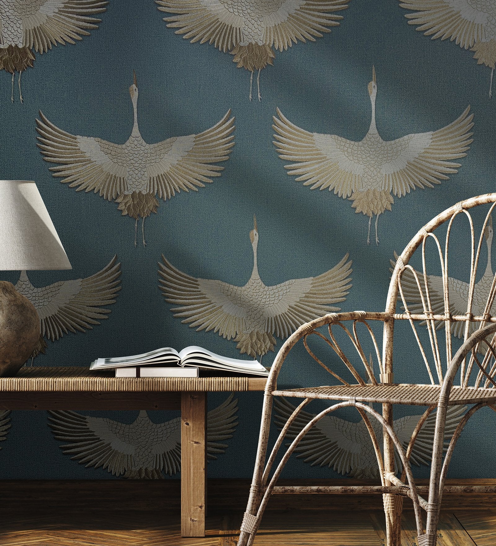 Stork wallpaper in blue color - pattern number 34531 - by Galerie in the Kumano collection