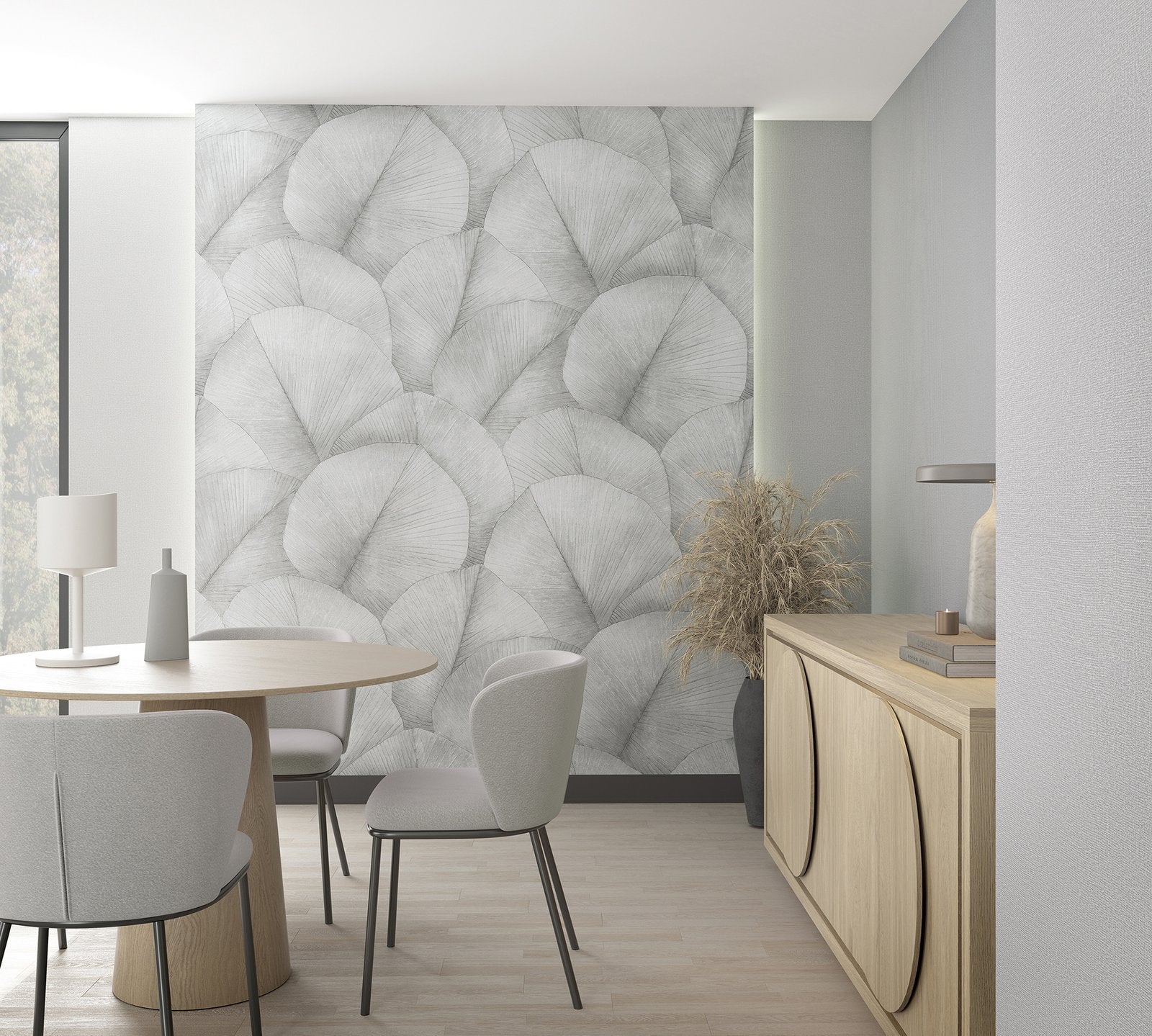 Repeatable Palm Leaf Mural mural in silver grey color - pattern number 34598 - by Galerie in the Kumano collection