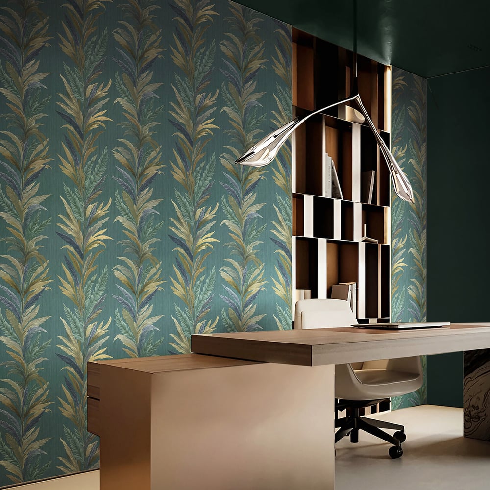 Leaf Flourish wallpaper in green blue color - pattern number 35905 - by Galerie in the Ornamenta collection
