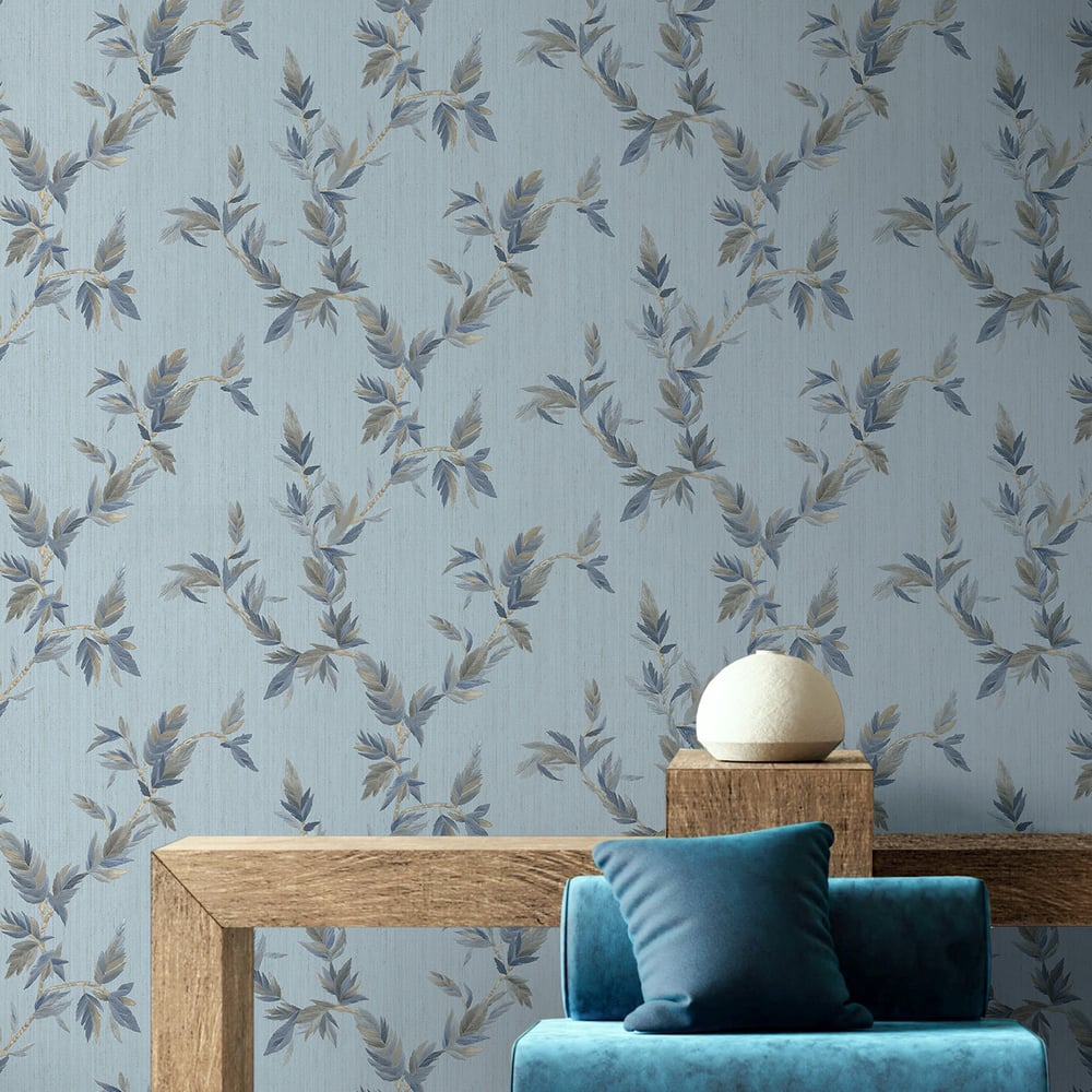 Thin Leaf wallpaper in blue gold color - pattern number 35916 - by Galerie in the Ornamenta collection