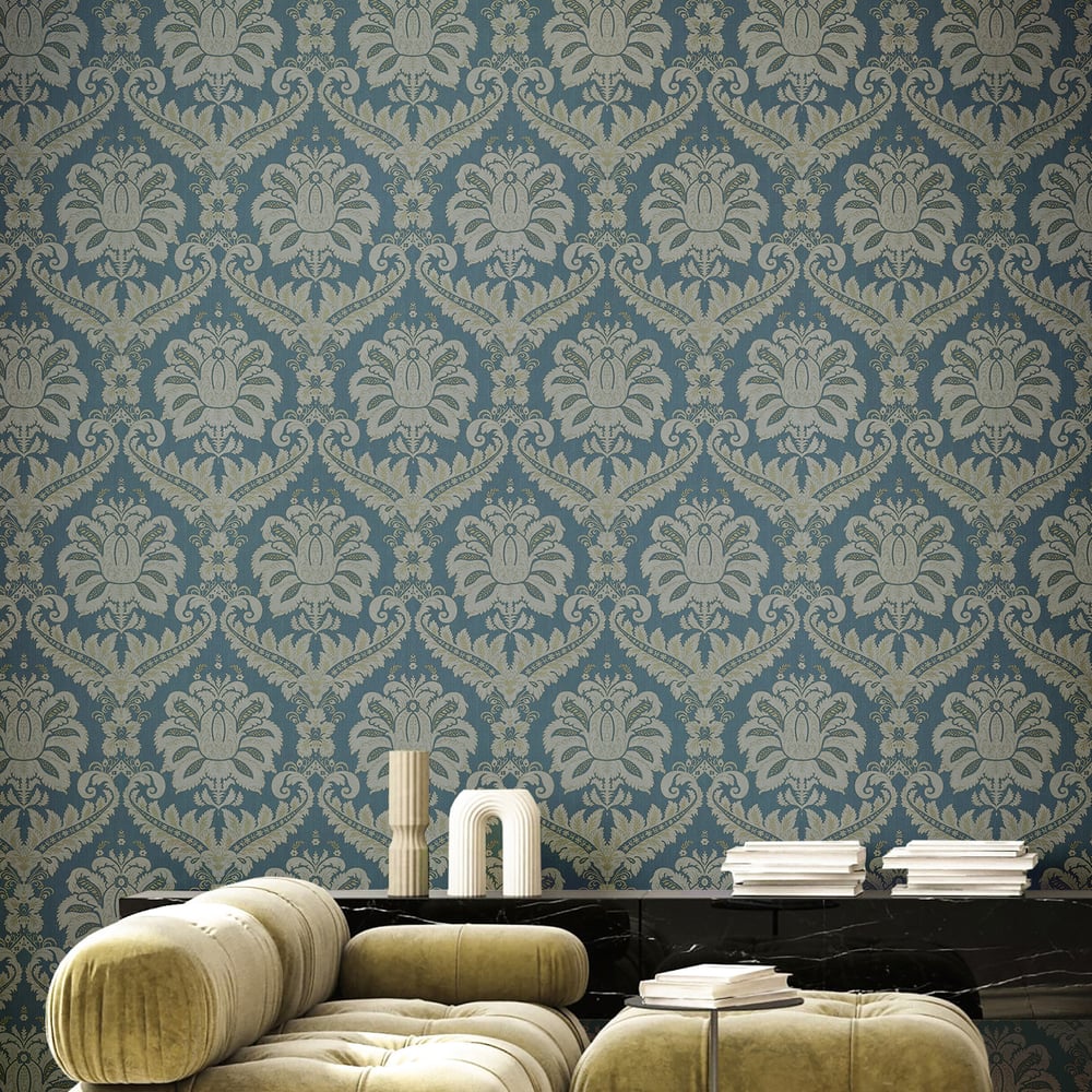 Traditional Damask wallpaper in green gold color - pattern number 35925 - by Galerie in the Ornamenta collection