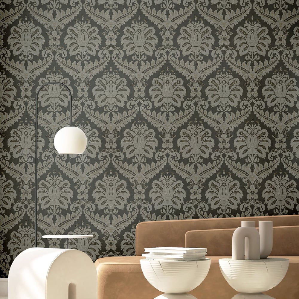 Traditional Damask wallpaper in anthracite grey color - pattern number 35929 - by Galerie in the Ornamenta collection