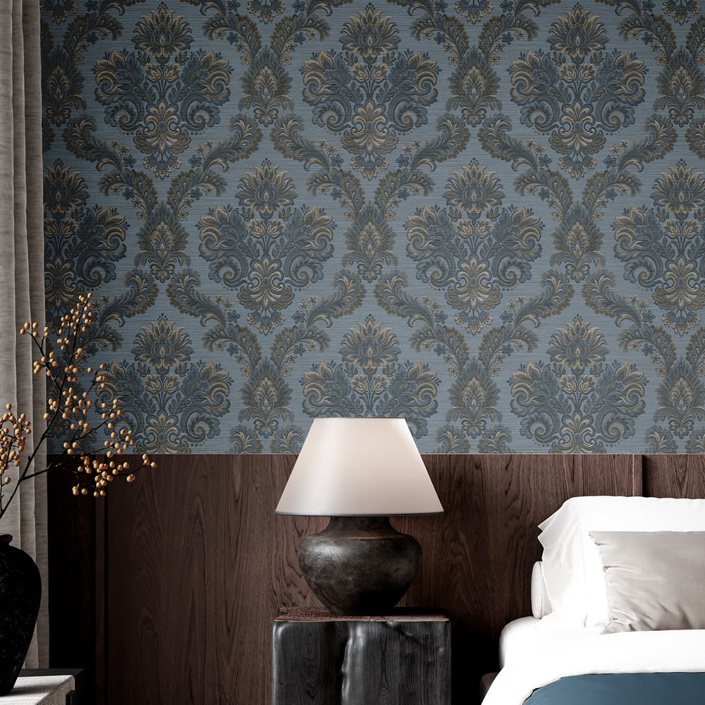 Floral Damask wallpaper in blue beige color - pattern number 35946 - by Galerie in the Ornamenta collection