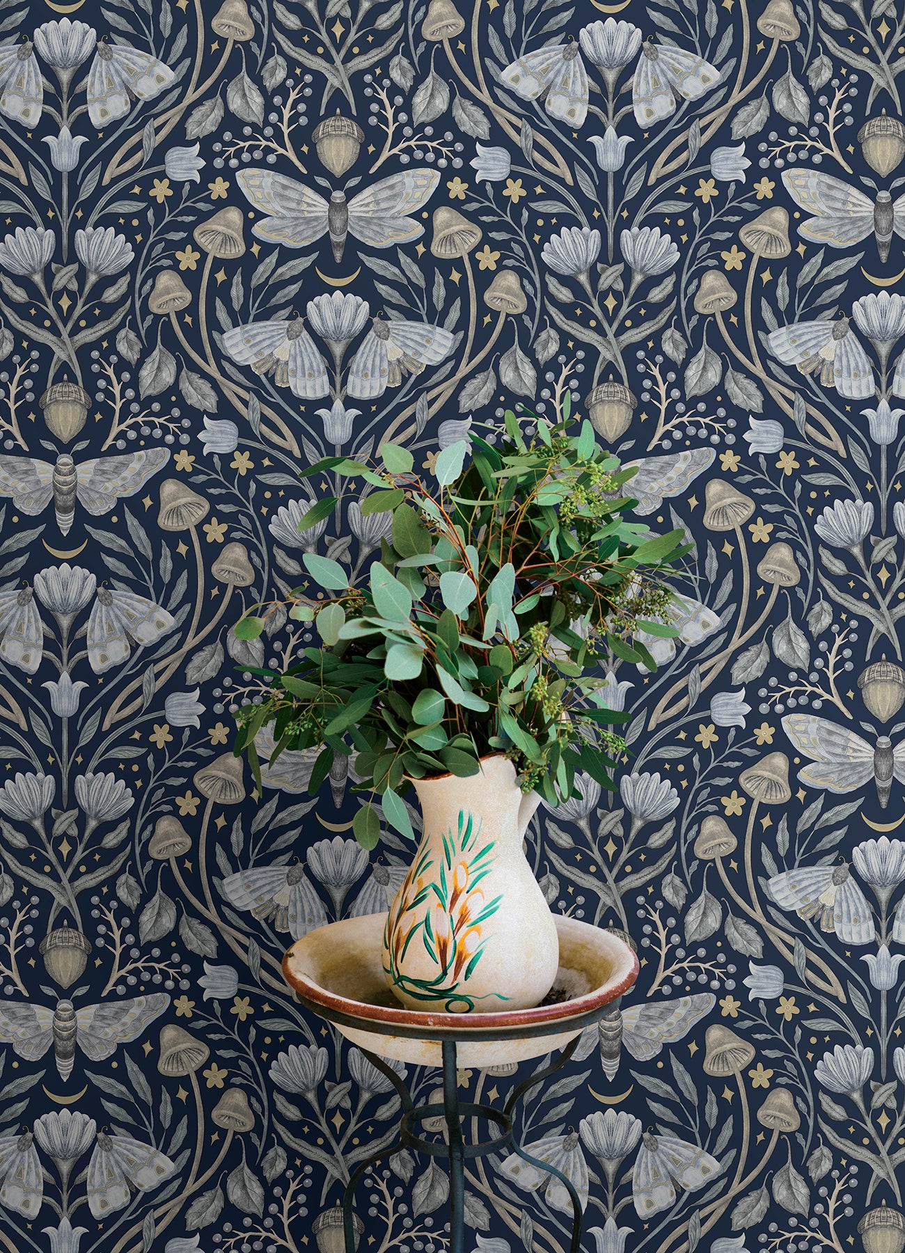 Mystic Moth wallpaper in navy color - pattern number 4169-83118 - by Chesapeake in the Oak and Moss collection