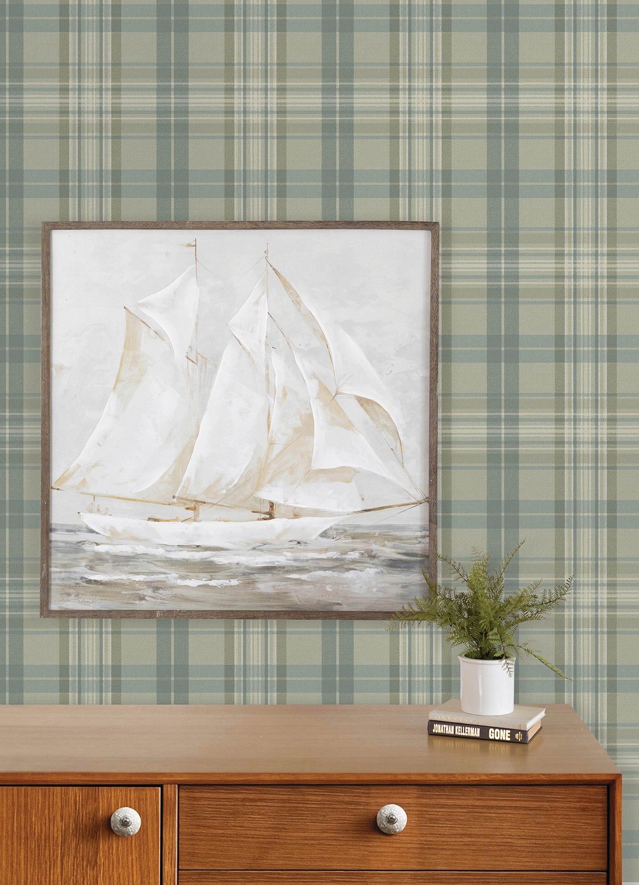Austin Wallpaper in sage color - pattern number 4192-330217 - by Chesapeake in the Plaid and Stripe Resource Collection collection