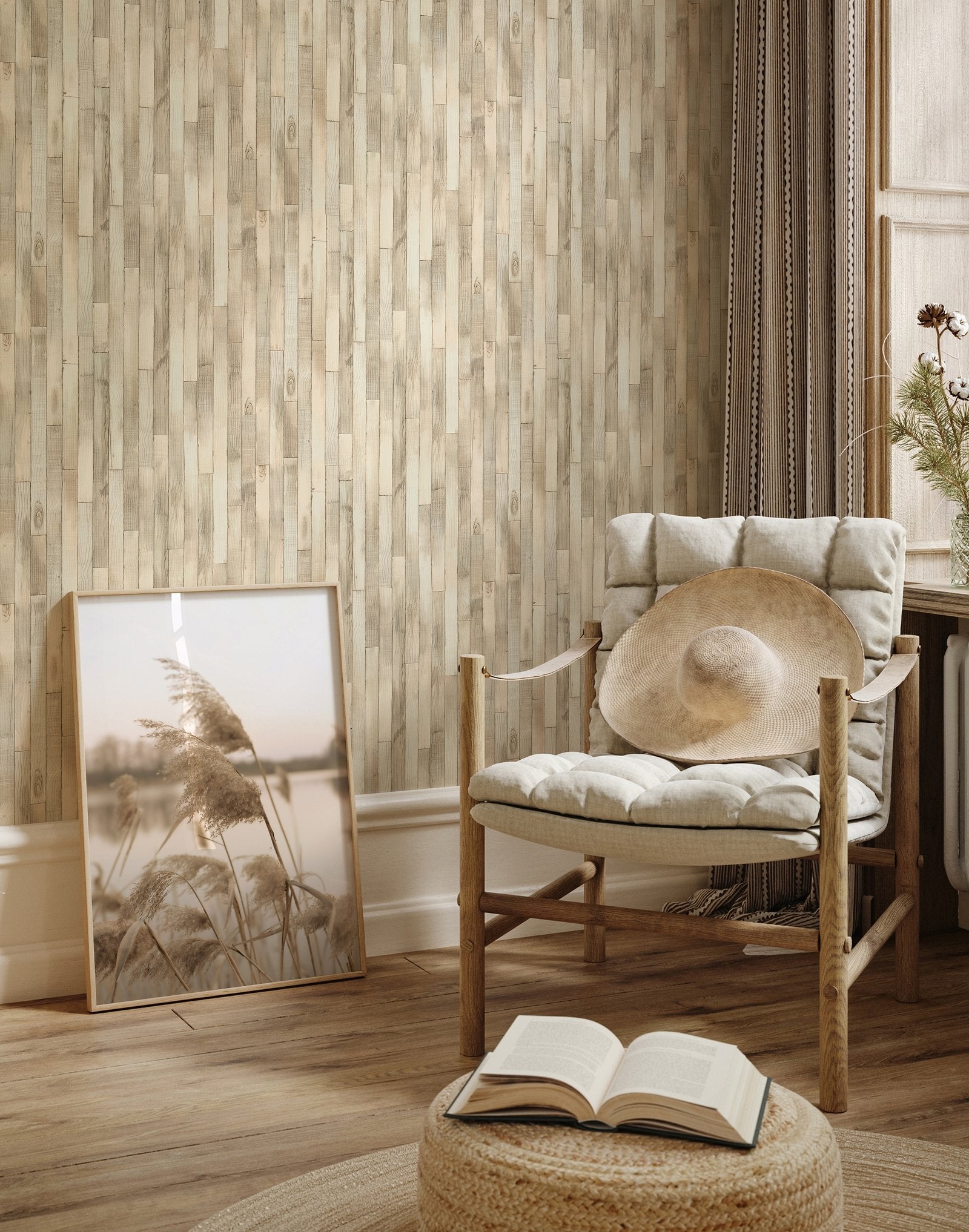 Wood optics wallpaper in beige color - pattern number 45734 - by Galerie in the The Woods and Wicker collection