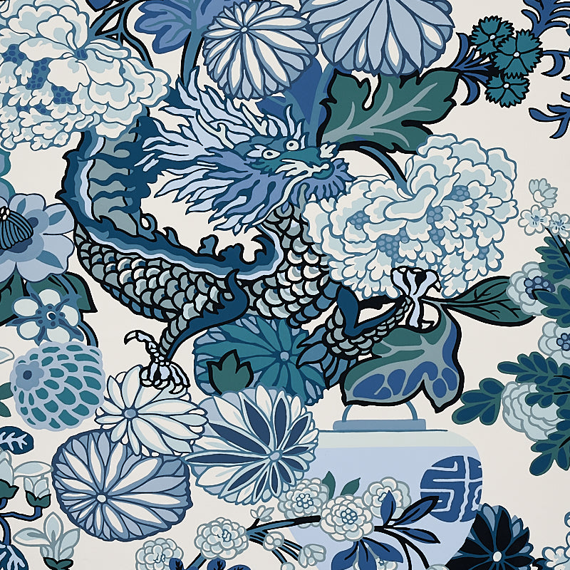 Chiang Mai Dragon fabric in china blue color - pattern number 5001062 - by Schumacher in the Print Happy Wallpapers collection