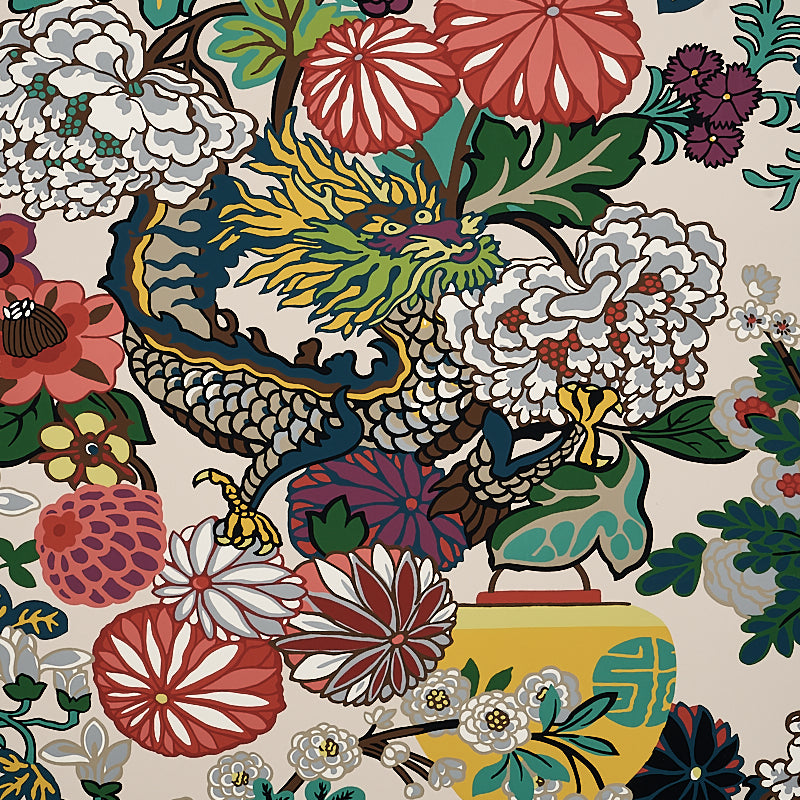Chiang Mai Dragon fabric in alabaster color - pattern number 5001063 - by Schumacher in the Print Happy Wallpapers collection
