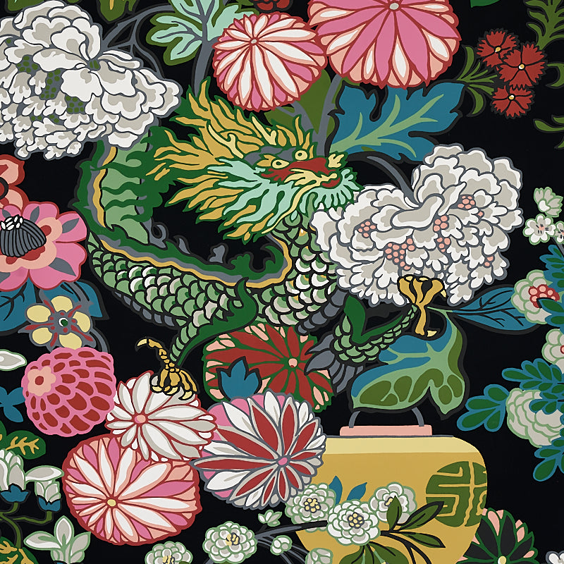 Chiang Mai Dragon fabric in ebony color - pattern number 5001065 - by Schumacher in the Print Happy Wallpapers collection