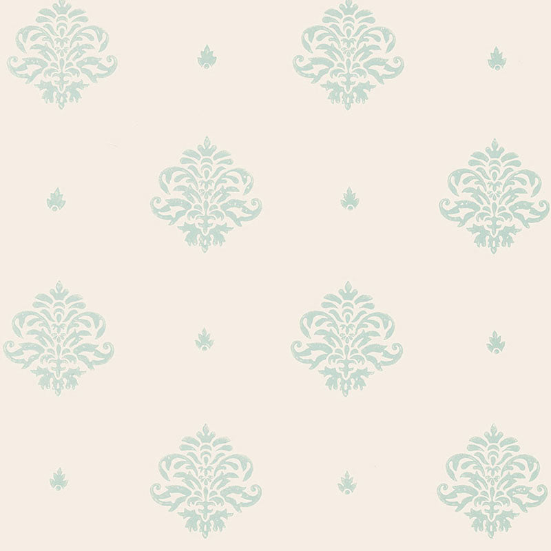 Mayla Damask wallpaper in water blue color - pattern number 5005352 - by Schumacher in the Jaipur Hand Block Prints collection