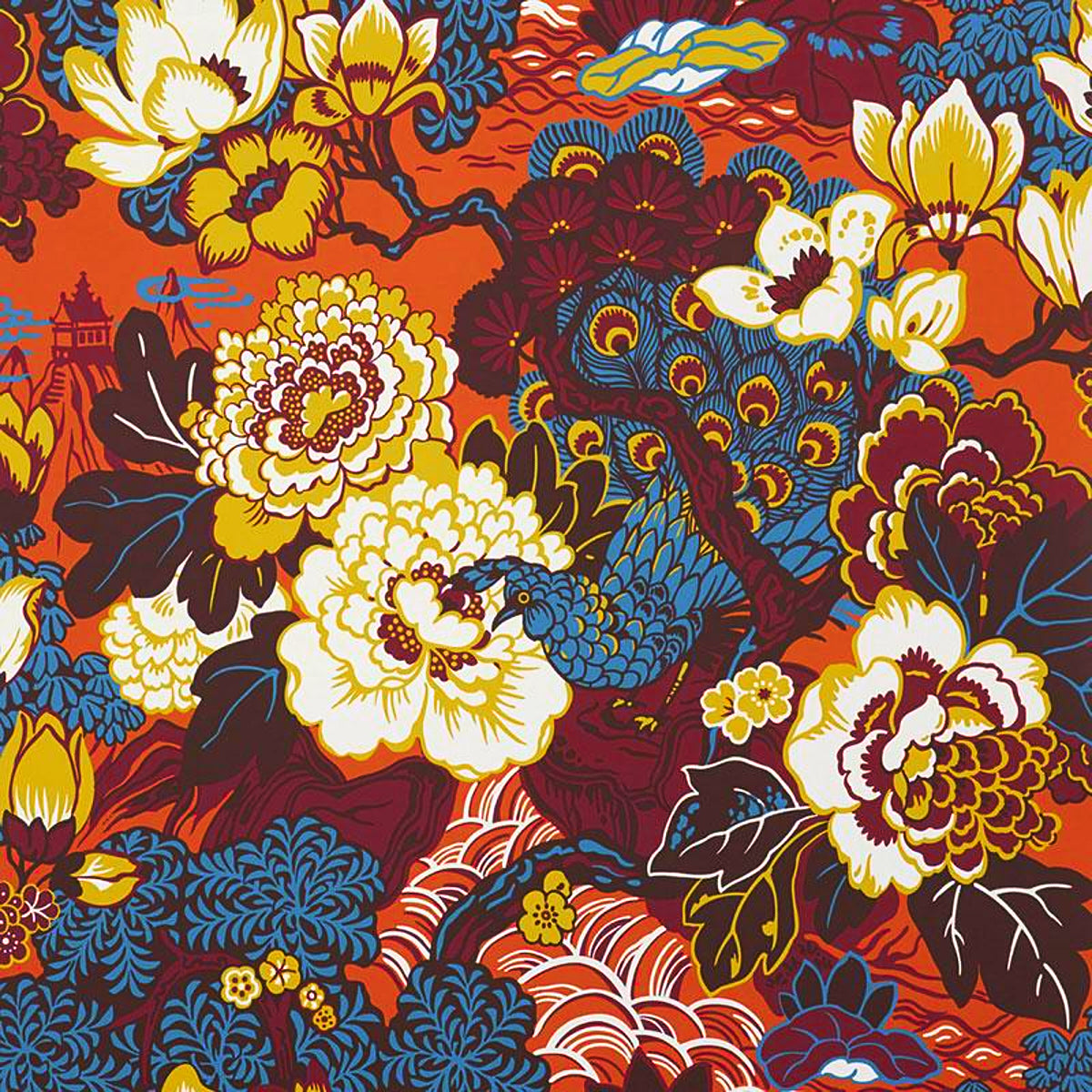 Shanghai Peacock wallpaper in cinnabar color - pattern number 5006992 - by Schumacher in the Print Happy Wallpapers collection