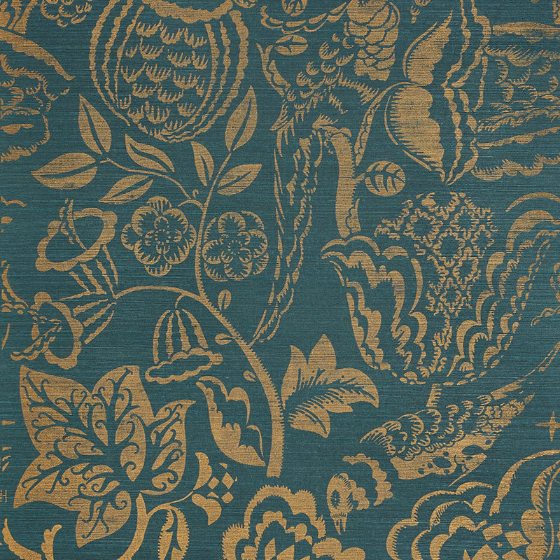 Uccello Sisal wallpaper in gold on peacock color - pattern number 5008264 - by Schumacher in the Shangri La collection