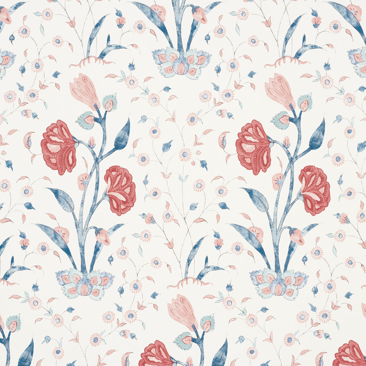 Khilana Floral wallpaper in delft and rose color - pattern number 5009950 - by Schumacher in the Palampore Schumacher collection