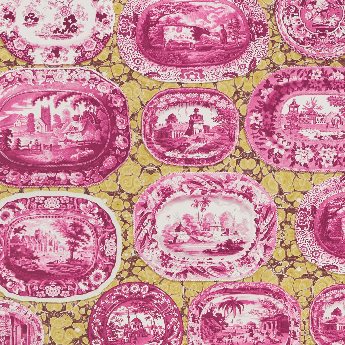 Plates and Platters fabric in magenta and yellow color - pattern number 5010412 - by Schumacher in the Johnson Hartig for Libertine collection