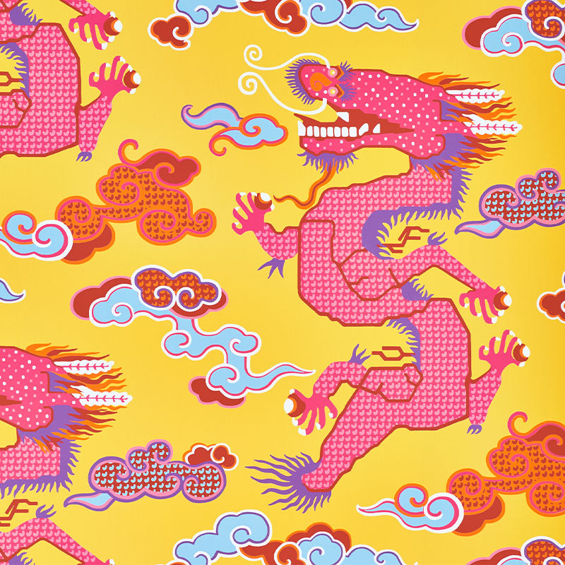 Magical Ming Dragon wallpaper in yellow color - pattern number 5010601 - by Schumacher in the Johnson Hartig for Libertine collection