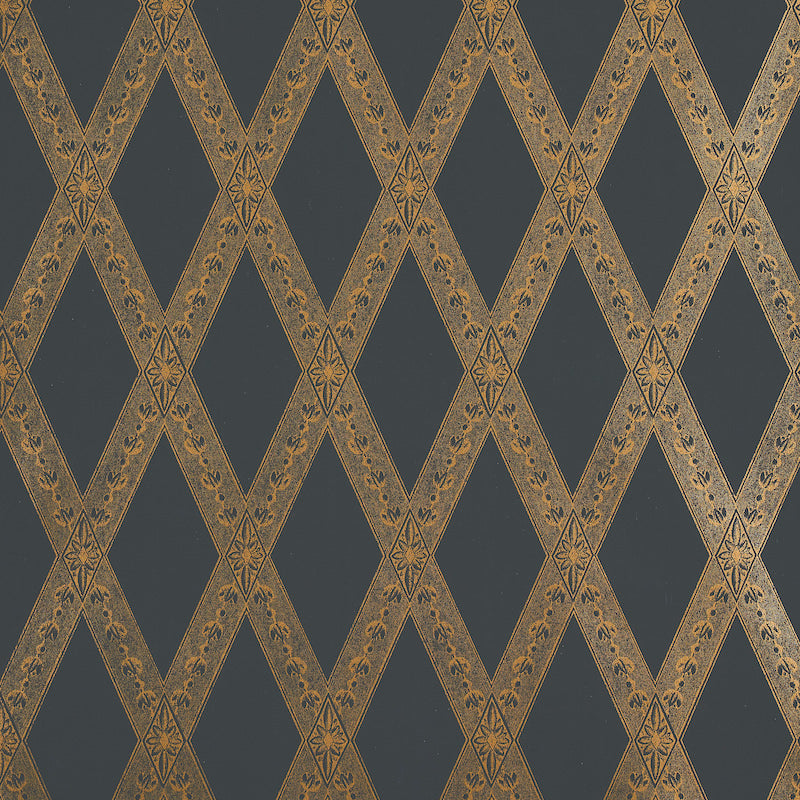 Les Losanges Toile fabric in gold on black color - pattern number 5011362 - by Schumacher in the Lasersohn Toile Collection collection