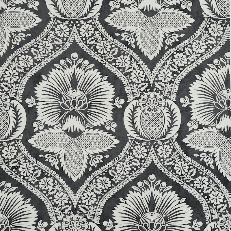 Villandry Damask Print fabric in black color - pattern number 5011752 - by Schumacher in the Perennial Favorites collection