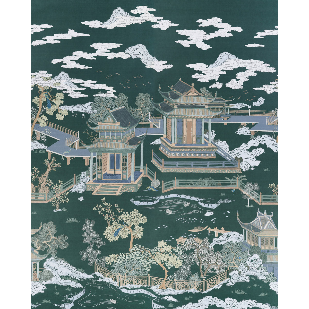 Coromandel Panel Set fabric in midnight green color - pattern number 5014162 - by Schumacher in the Panels Collection collection
