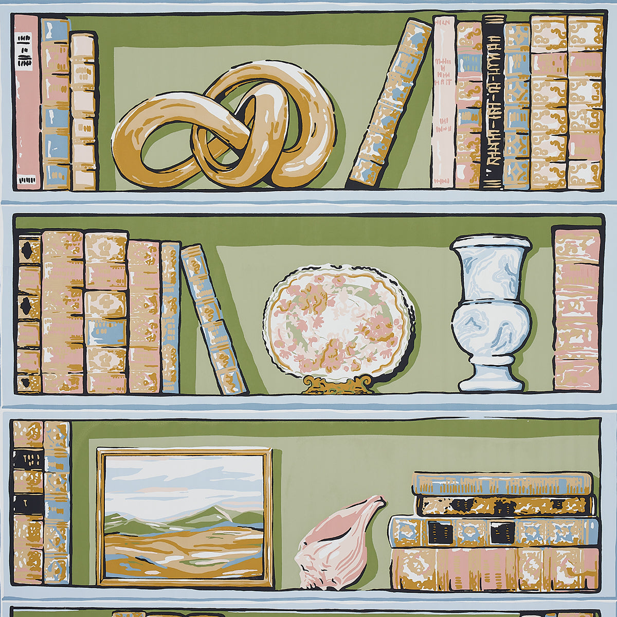 Natalies Library wallpaper in celadon color - pattern number 5014730 - by Schumacher in the New Old Fashioned collection