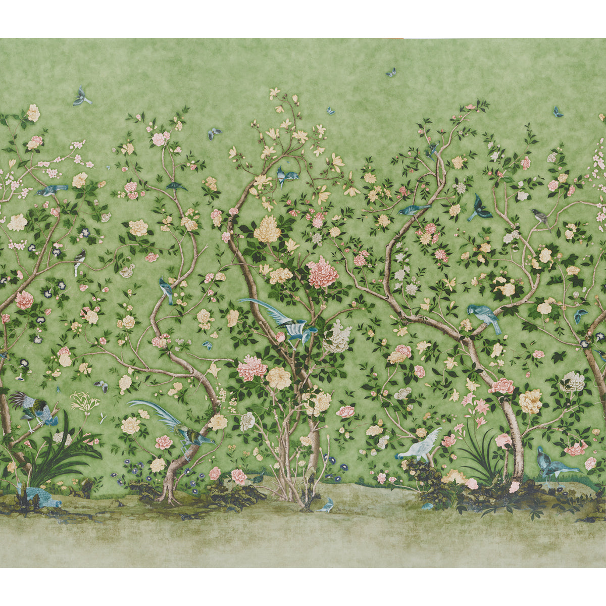 Les Oiseaux Panel Set wallpaper in apple green color - pattern number 5015153 - by Schumacher in the Perennial Favorites collection