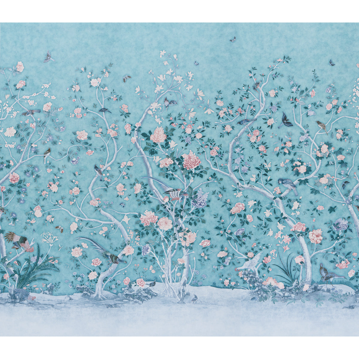 Les Oiseaux Panel Set wallpaper in blue turquoise color - pattern number 5015156 - by Schumacher in the Perennial Favorites collection