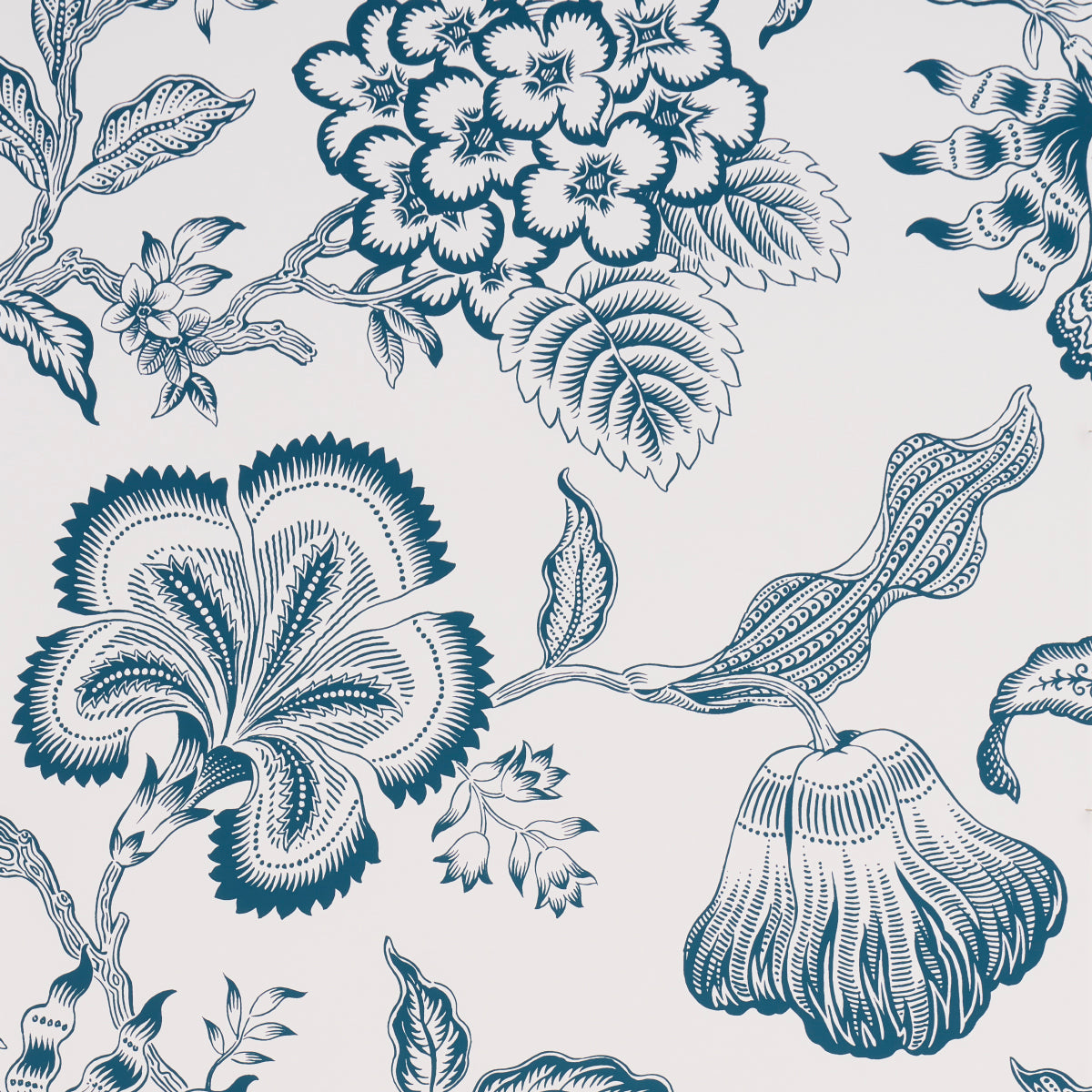 Hothouse Flowers Silhouette wallpaper in peacock on white color - pattern number 5015324 - by Schumacher in the Celerie Kemble collection