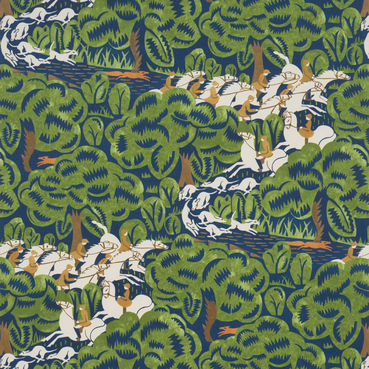 Margaret Schloemans Fox Chase fabric in navy and green color - pattern number 5016151 - by Schumacher in the The New Yorker collection