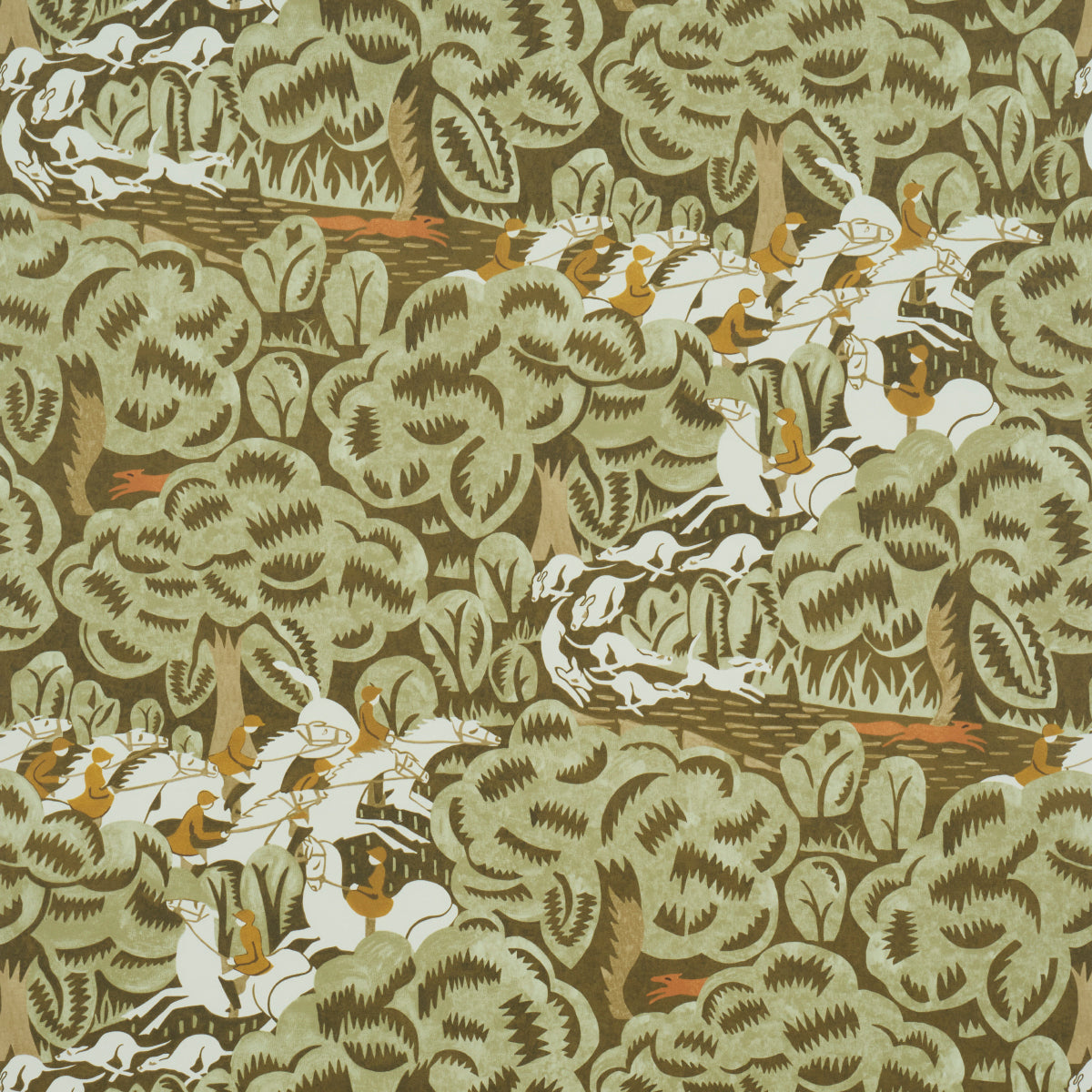 Margaret Schloemans Fox Chase fabric in sage and soft brown color - pattern number 5016152 - by Schumacher in the The New Yorker collection