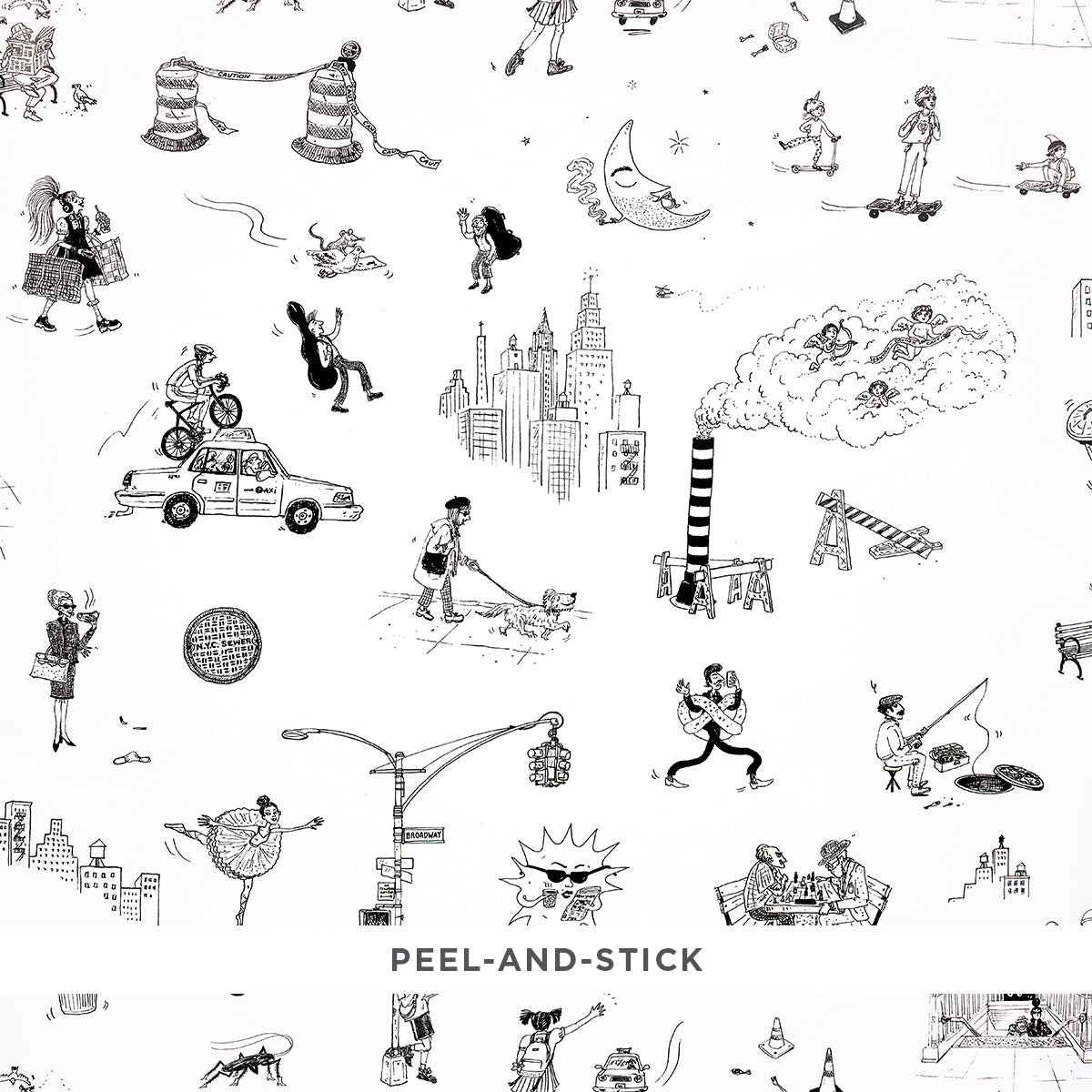Joana Avillezs Street Scenes Peel and Stick fabric in black and white color - pattern number 5016171 - by Schumacher in the The New Yorker collection
