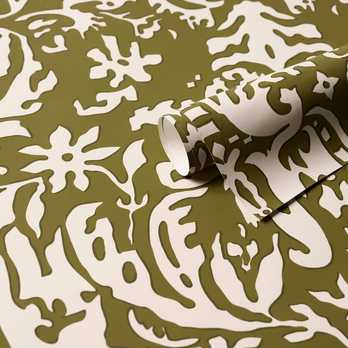 Suffolk Damask Wallpaper in olive color - pattern number 5016242 - by Schumacher in the Veere Grenney collection