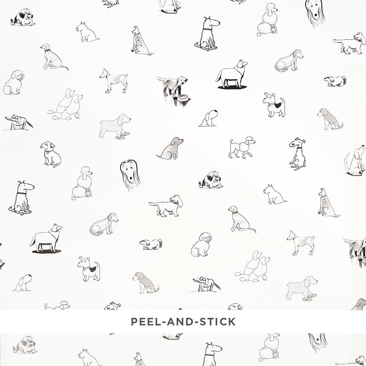 Good Dogs Everywhere Peel and Stick fabric in black and white color - pattern number 5016300 - by Schumacher in the The New Yorker collection