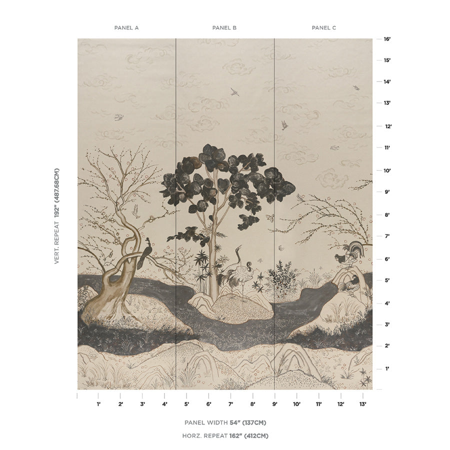 Birdsong 3 Panel Set Wallpaper in carbon color - pattern number 5017110 - by Schumacher in the Colette Cosentino collection