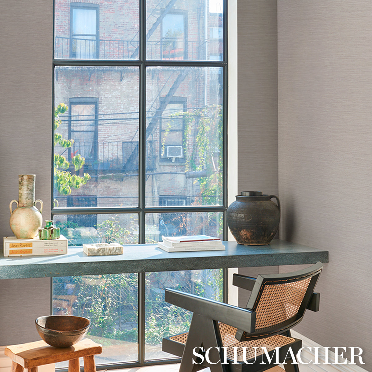Horizon Grasscloth Vinyl Wallpaper in grey color - pattern number 5017275 - by Schumacher in the Schumacher Utility collection